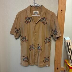 Free Planet‎ Tan Textured & Floral Stitched Patterned Blouse Button Down Sz L